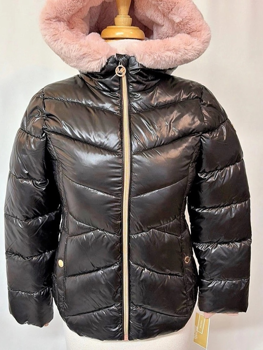 Michael Kors Girls 14 Black Pink Puffer Jacket Hooded Faux Fur Lined Full Zip
